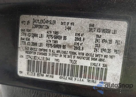 2004 Dodge Ram 1500 Slt/Laramie из США, поврежденный, VIN 1D7HU18D14J181944